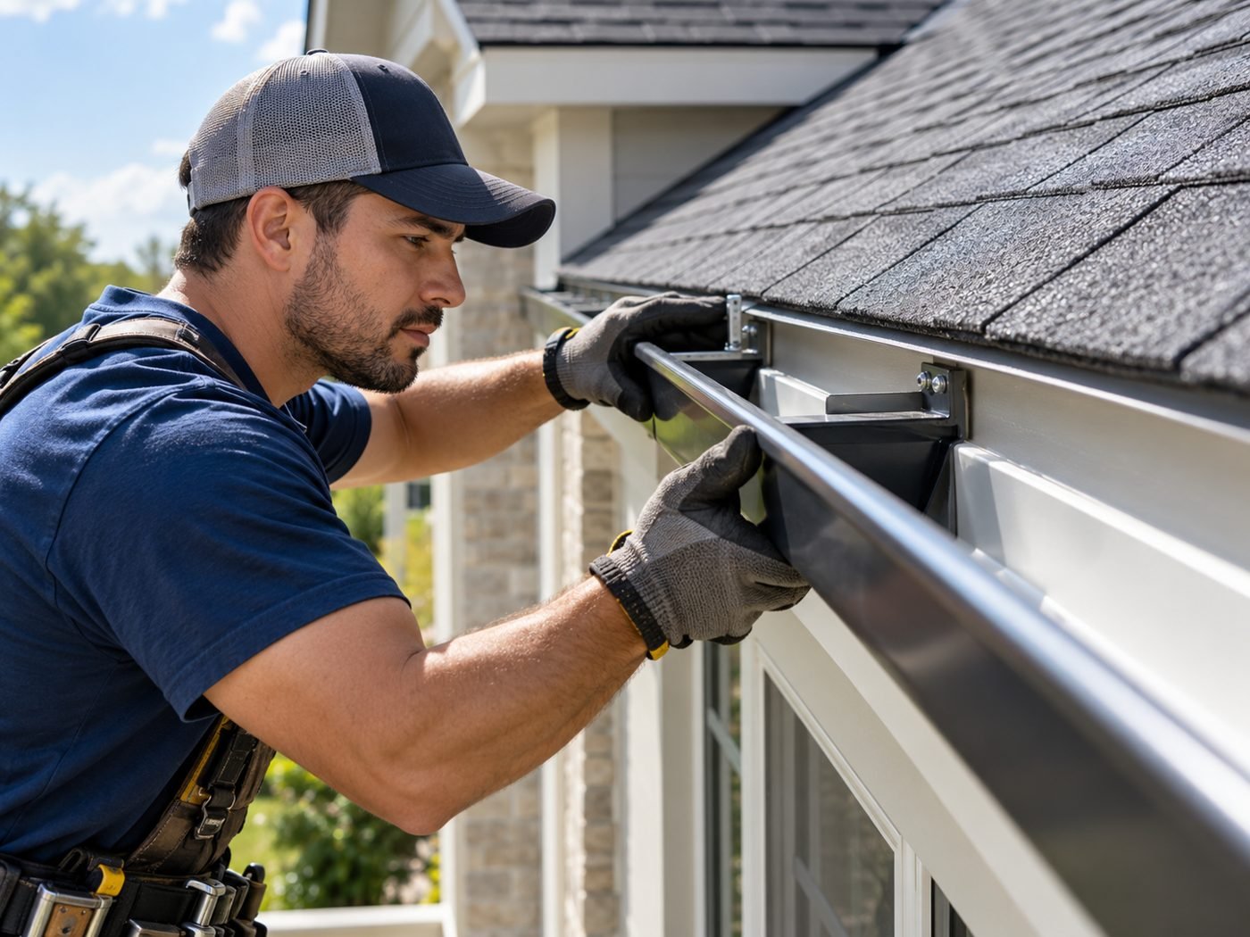 Gutter technician installing and aligning a gutter system