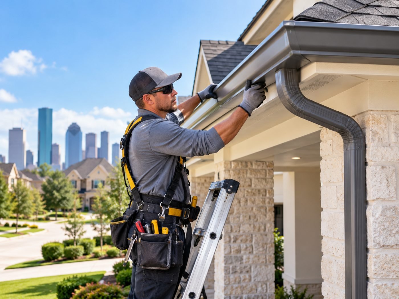 Professional gutter installer working on a Houston home